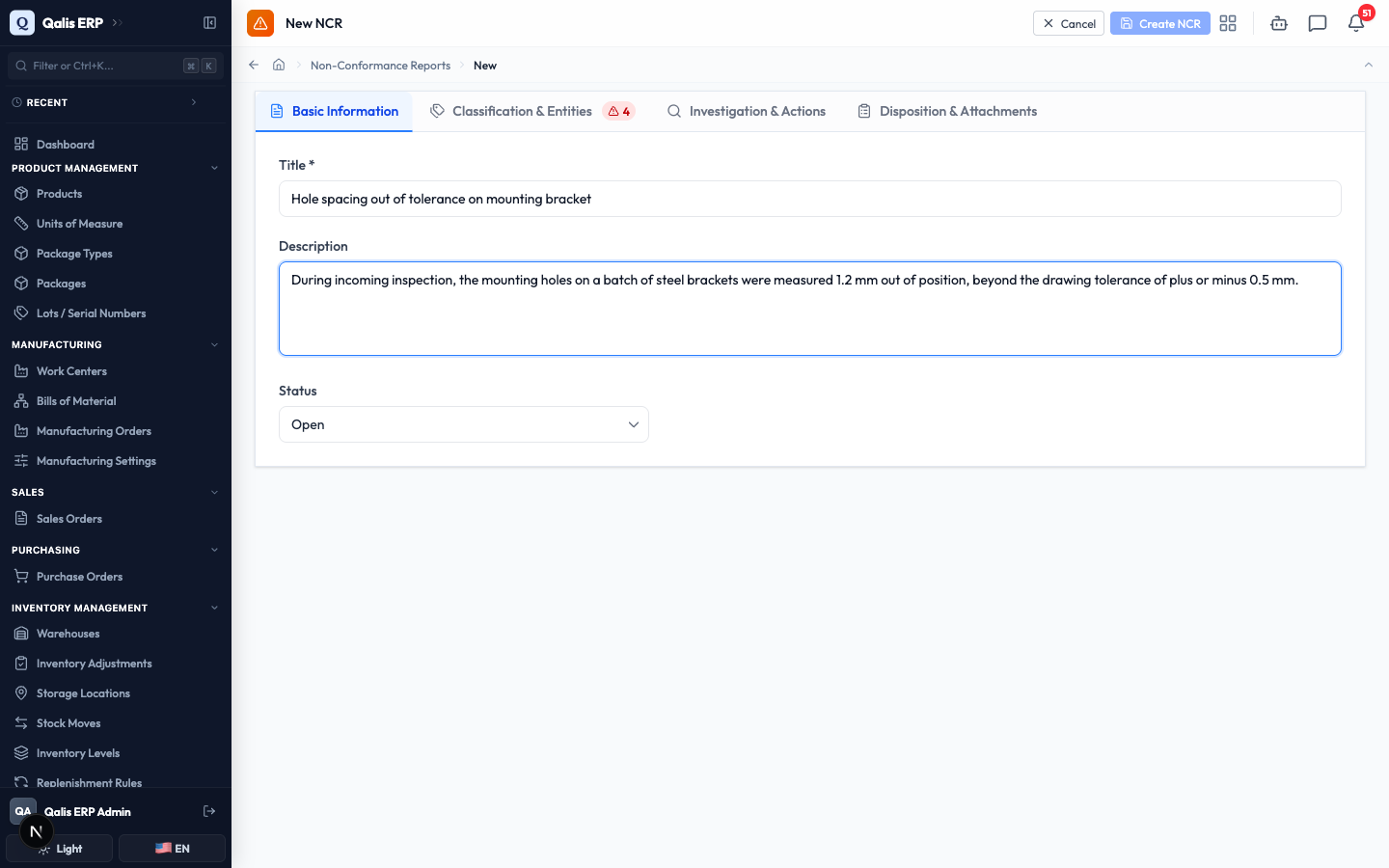 The Basic Information tab with a title, description, and the status set to Open