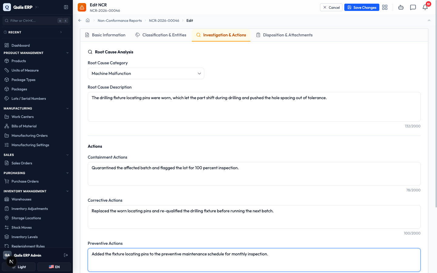 The Investigation and Actions tab filled in with a root cause and the three kinds of action