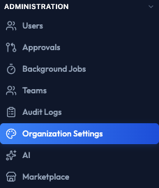 The Administration group in the sidebar with Organization Settings highlighted