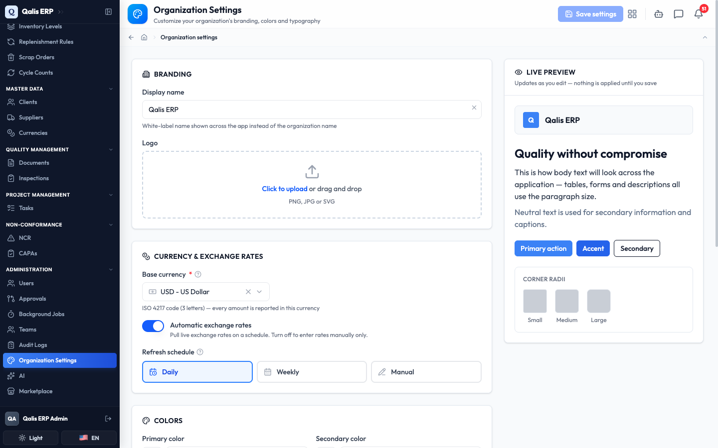 The Organization Settings page with the setting sections on the left and the live preview on the right