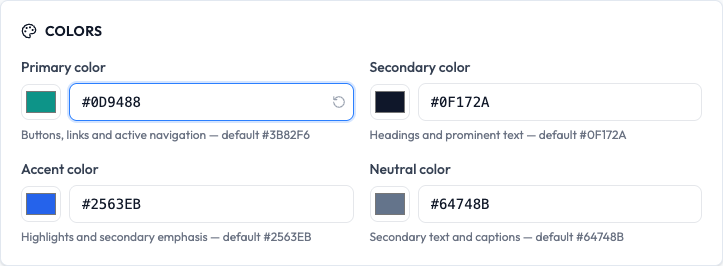 The Colors area with primary, secondary, accent and neutral color fields, each showing a swatch and a hex value