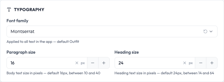 The Typography area with Montserrat chosen and the paragraph and heading sizes set