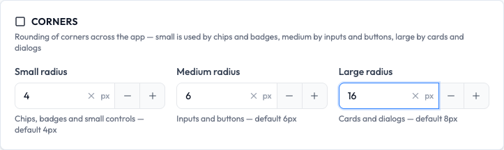 The Corners area with small, medium and large radius values