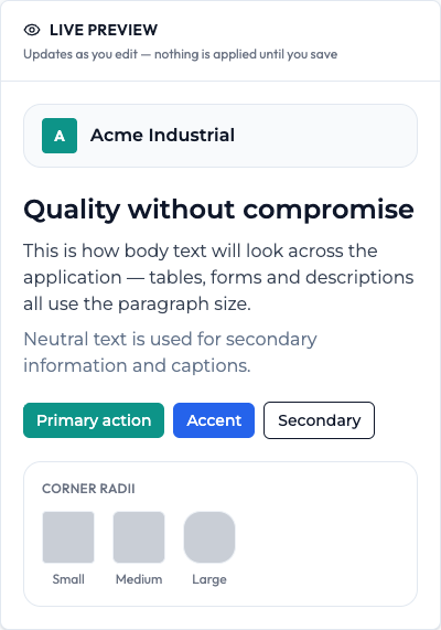 The live preview reflecting a custom name, color, font and corner radius