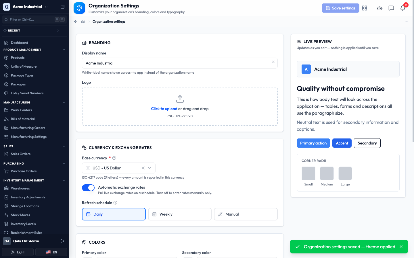 The success message confirming the organization settings were saved and the theme applied