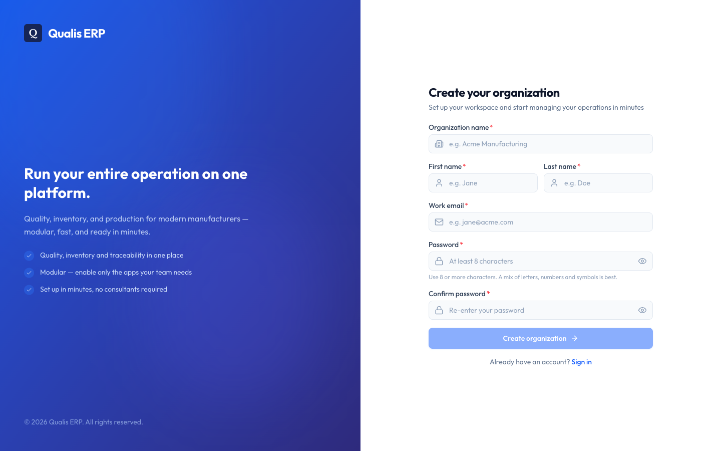 The Create your organization sign-up page with an empty form