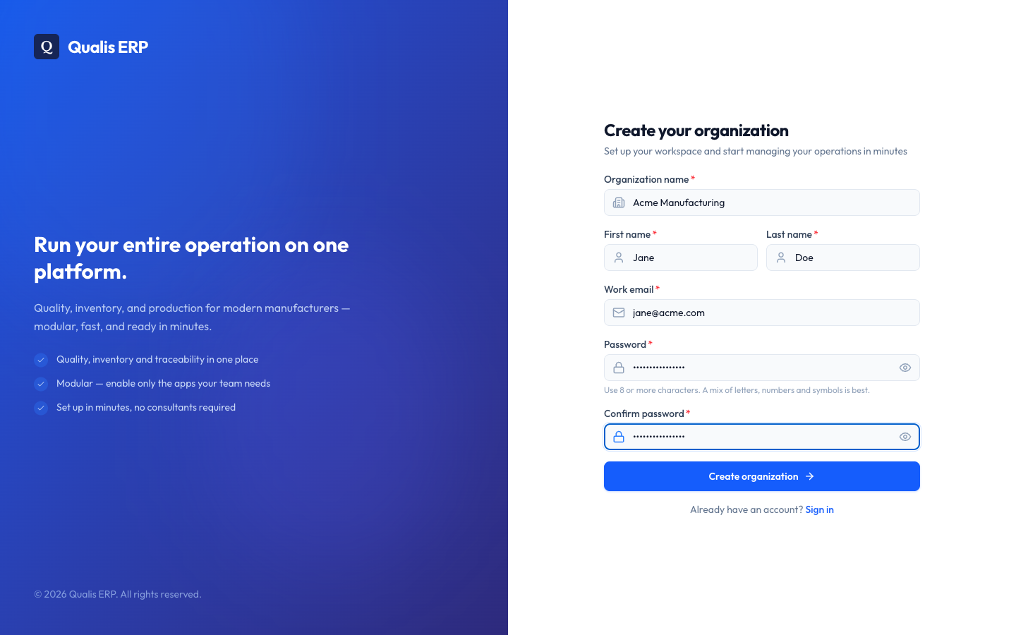 The sign-up form filled in, with the Create organization button now active