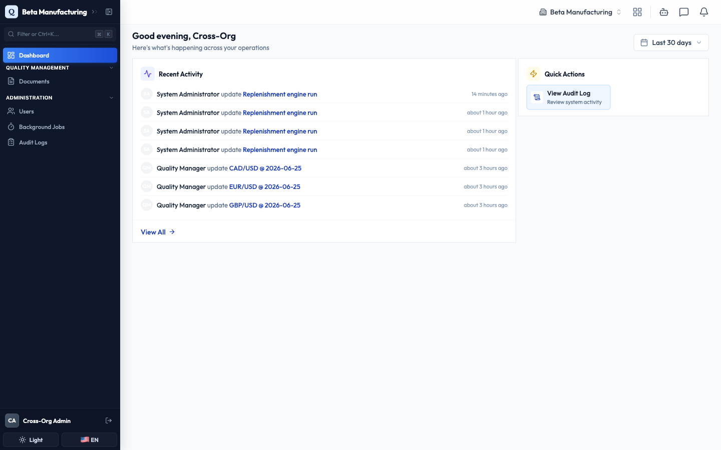 After switching, the app now shows Beta Manufacturing with its own branding and modules