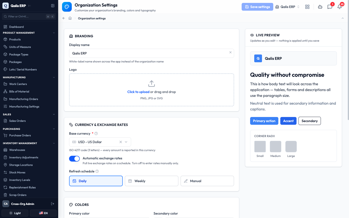 The Organization Settings page, with branding, currency, and a live preview