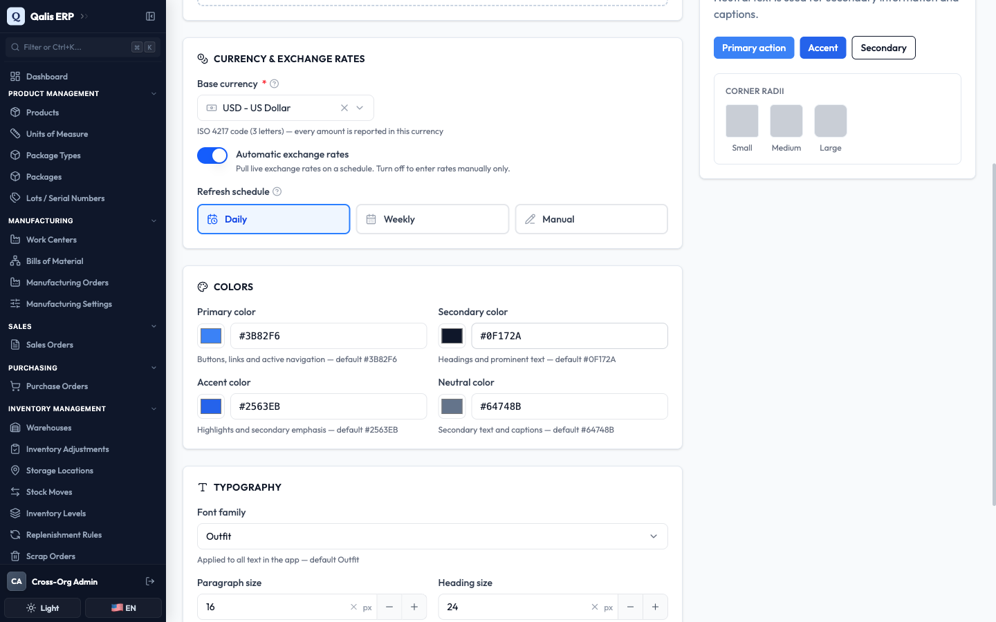 The colors and typography controls, with the live preview updating alongside
