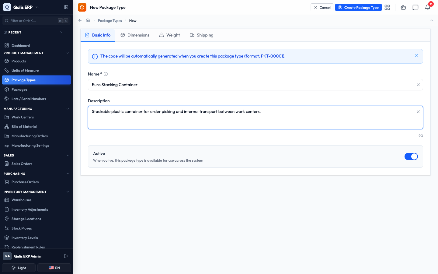 The Basic Info tab with a name and description filled in and the Active switch on