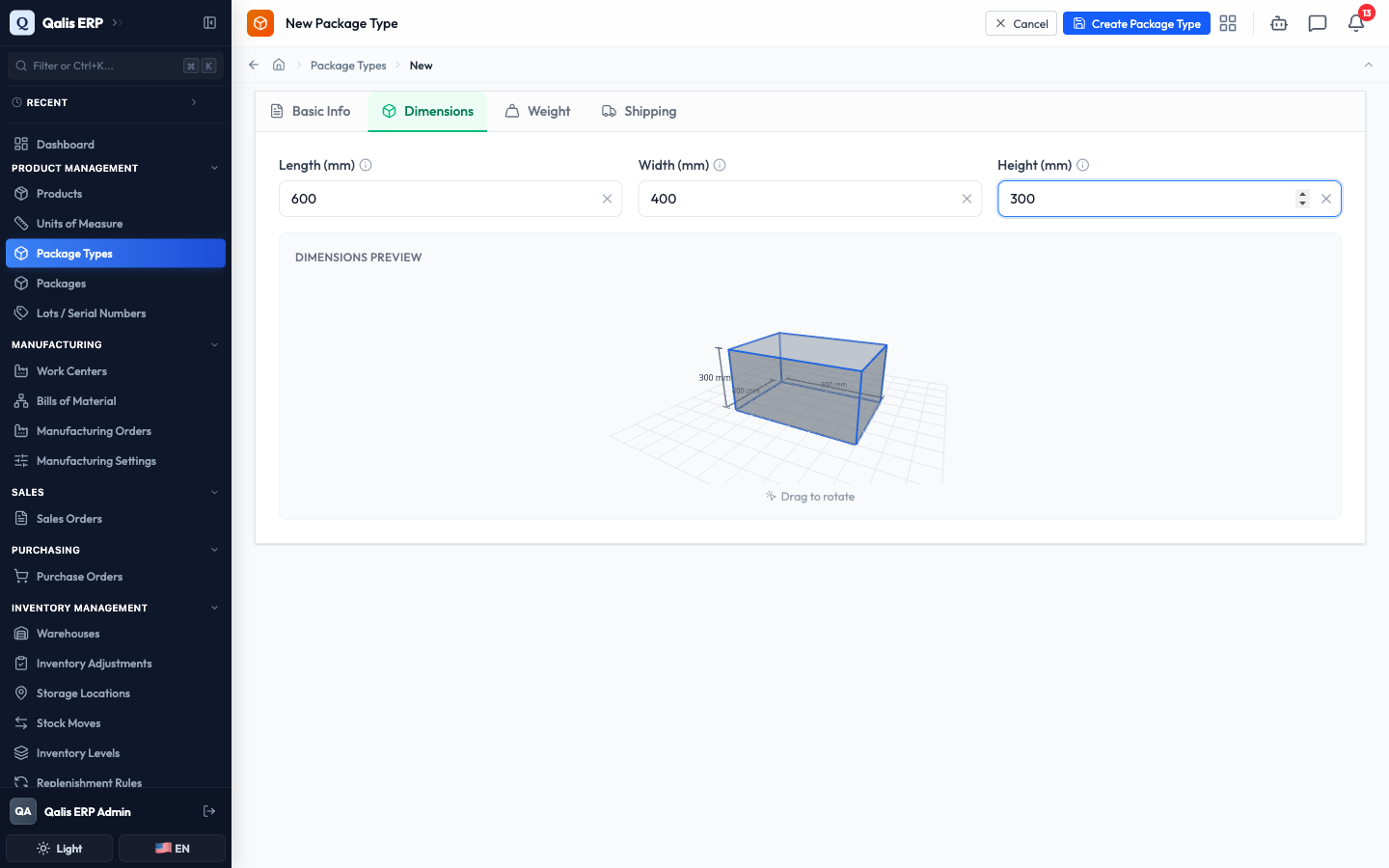 The Dimensions tab with length, width and height entered and a 3D box preview