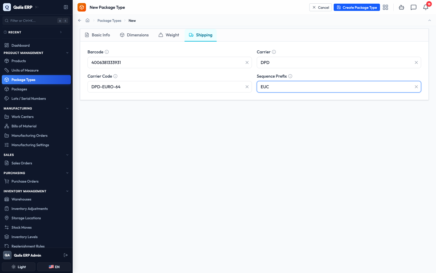 The Shipping tab with barcode, carrier, carrier code and sequence prefix filled in