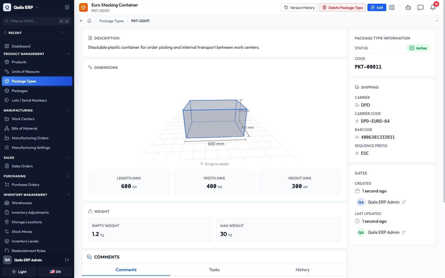 The new Euro Stacking Container detail page after it is created