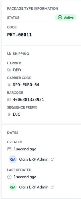 The right-hand panel summarising status, code, shipping details and the created and updated history