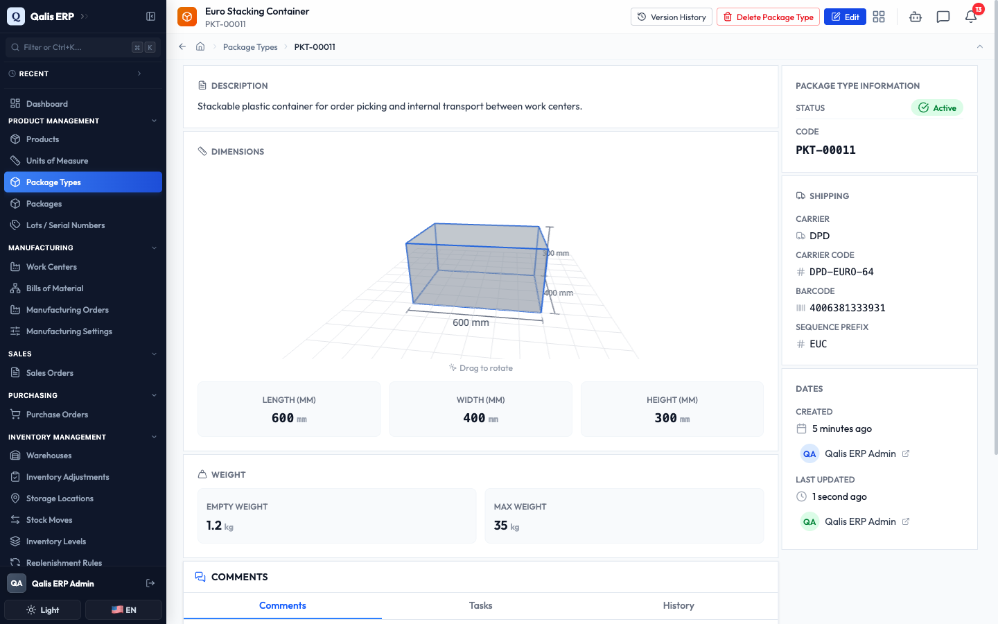 The details page after editing, now showing a maximum weight of 35 kg and an updated time