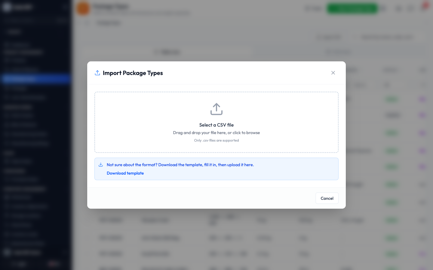 The import window with a drop area for a CSV file and a download template link