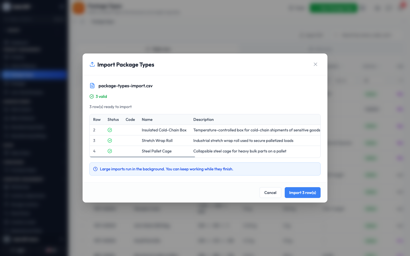 The import preview showing three valid rows ready to import