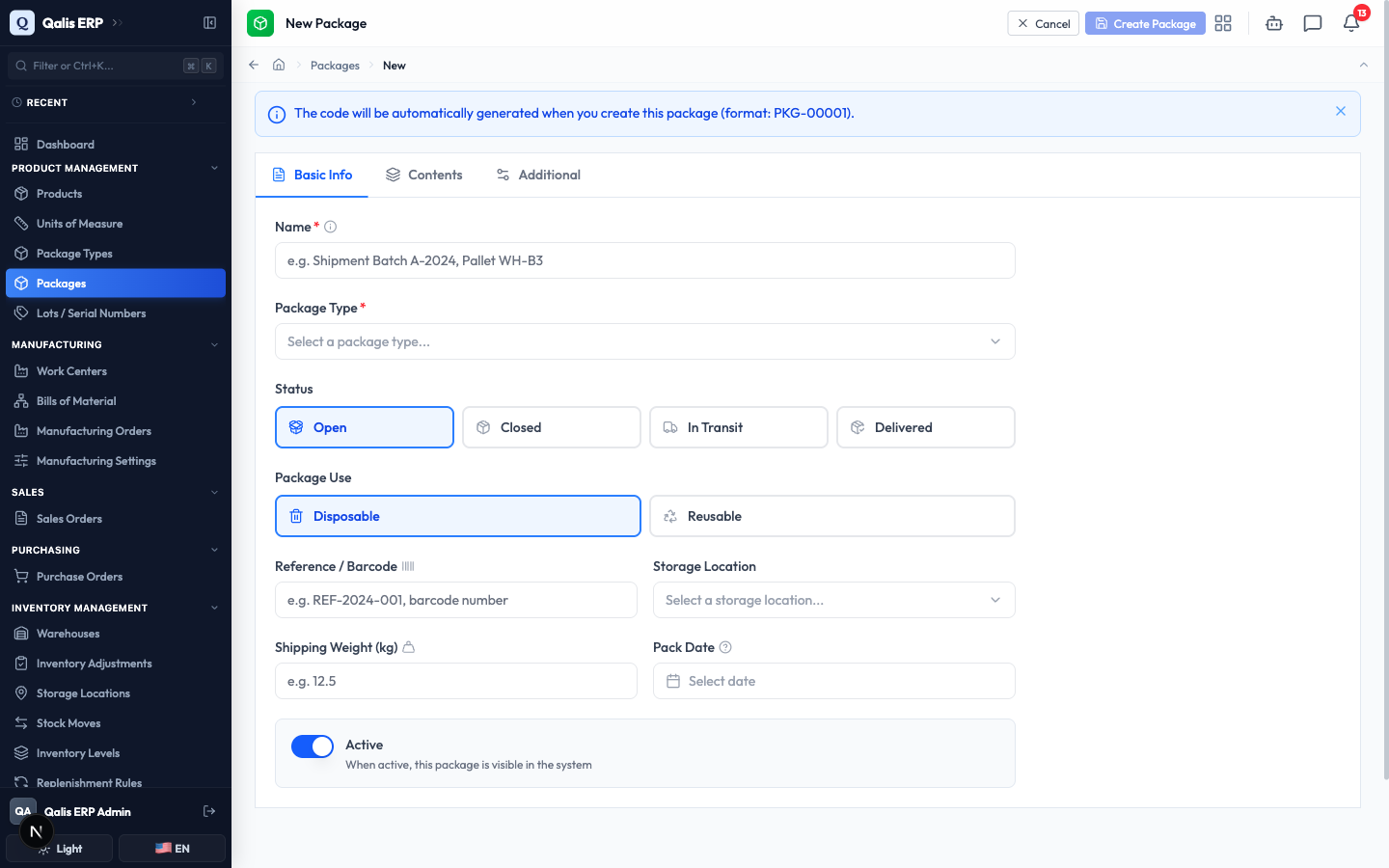 The empty New Package form on the Basic Info tab