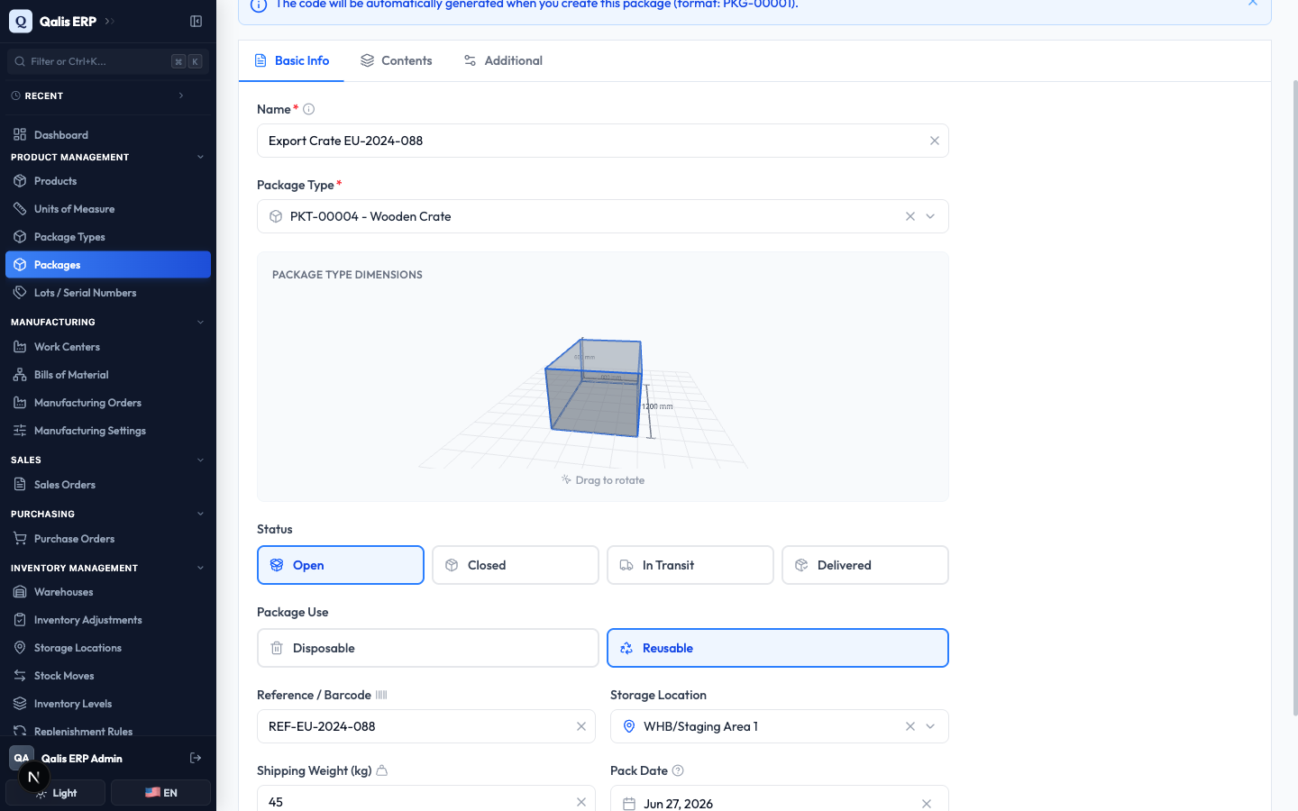 The Basic Info tab filled in, with the Wooden Crate selected and a 3D box preview