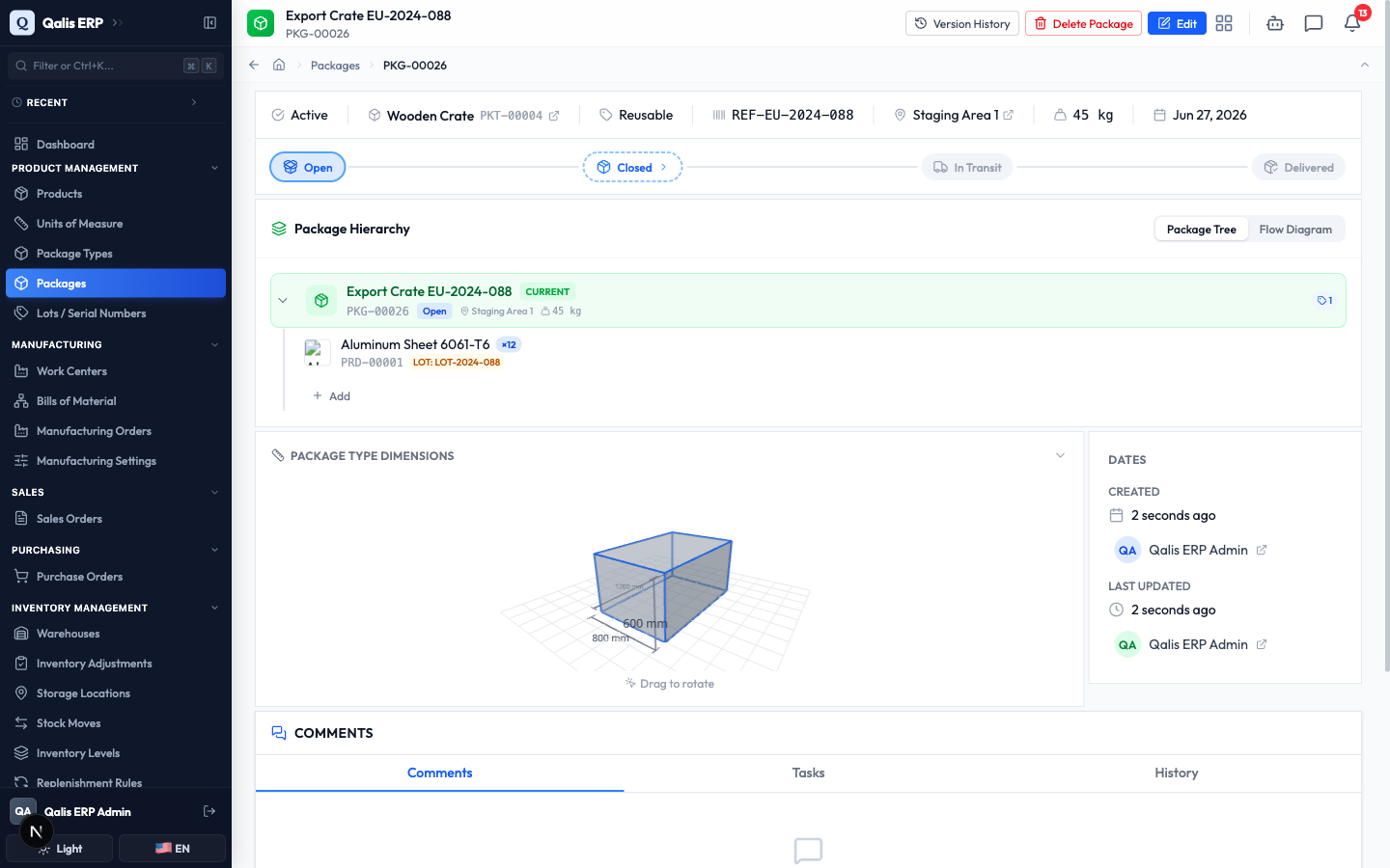 The new package's details page with the status stepper, contents and dates