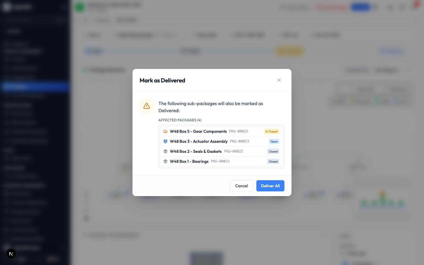 The confirmation dialog listing the four sub-packages that will also be marked as Delivered