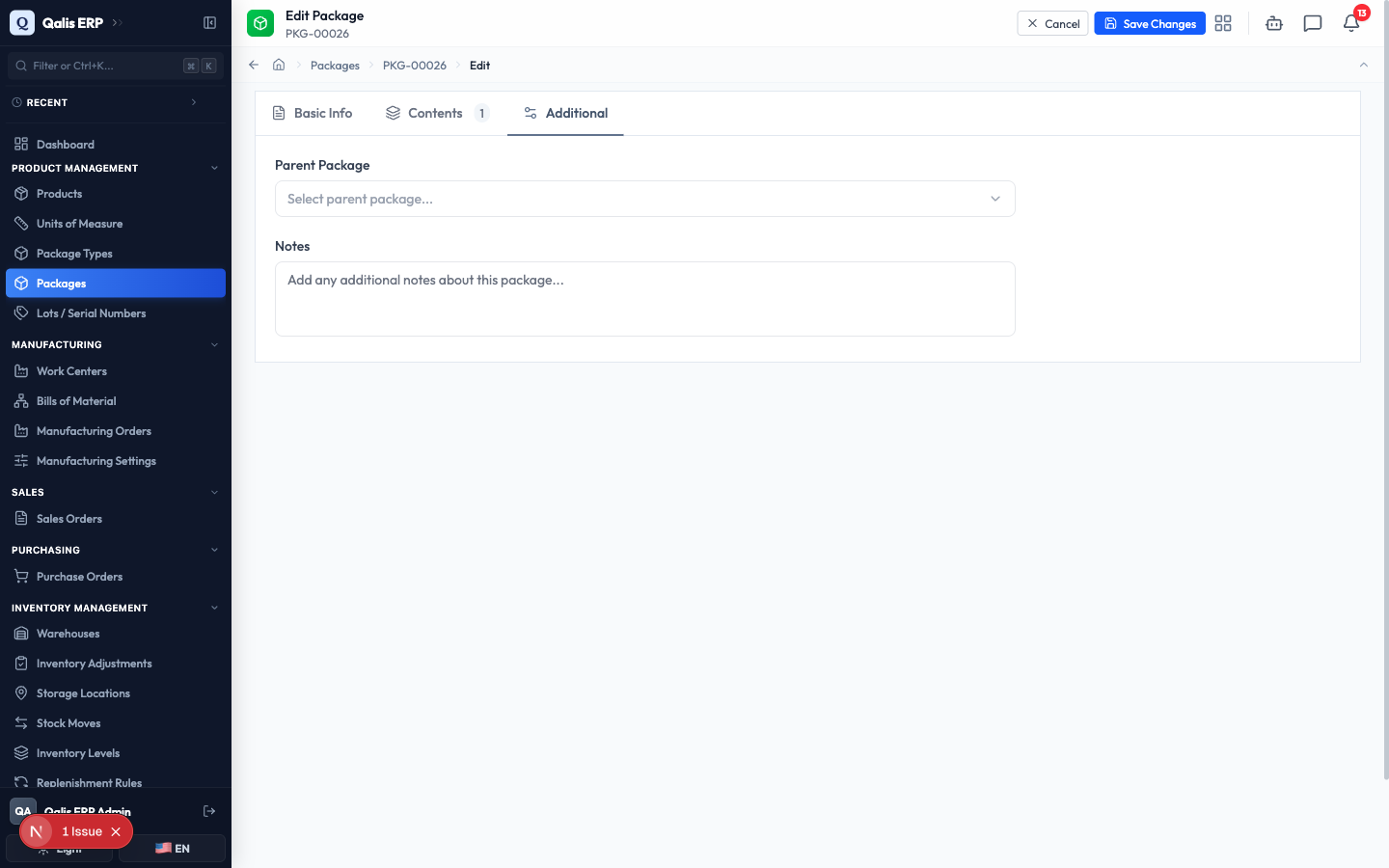 The Additional tab with the Parent Package field used to nest a package