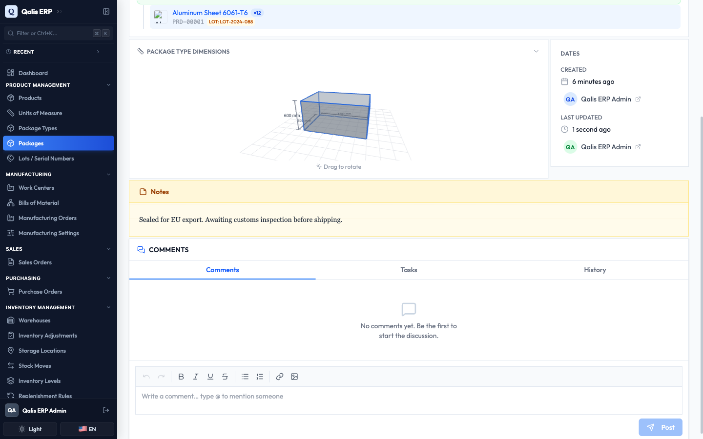 The details page after saving, with the new note shown in the Notes panel