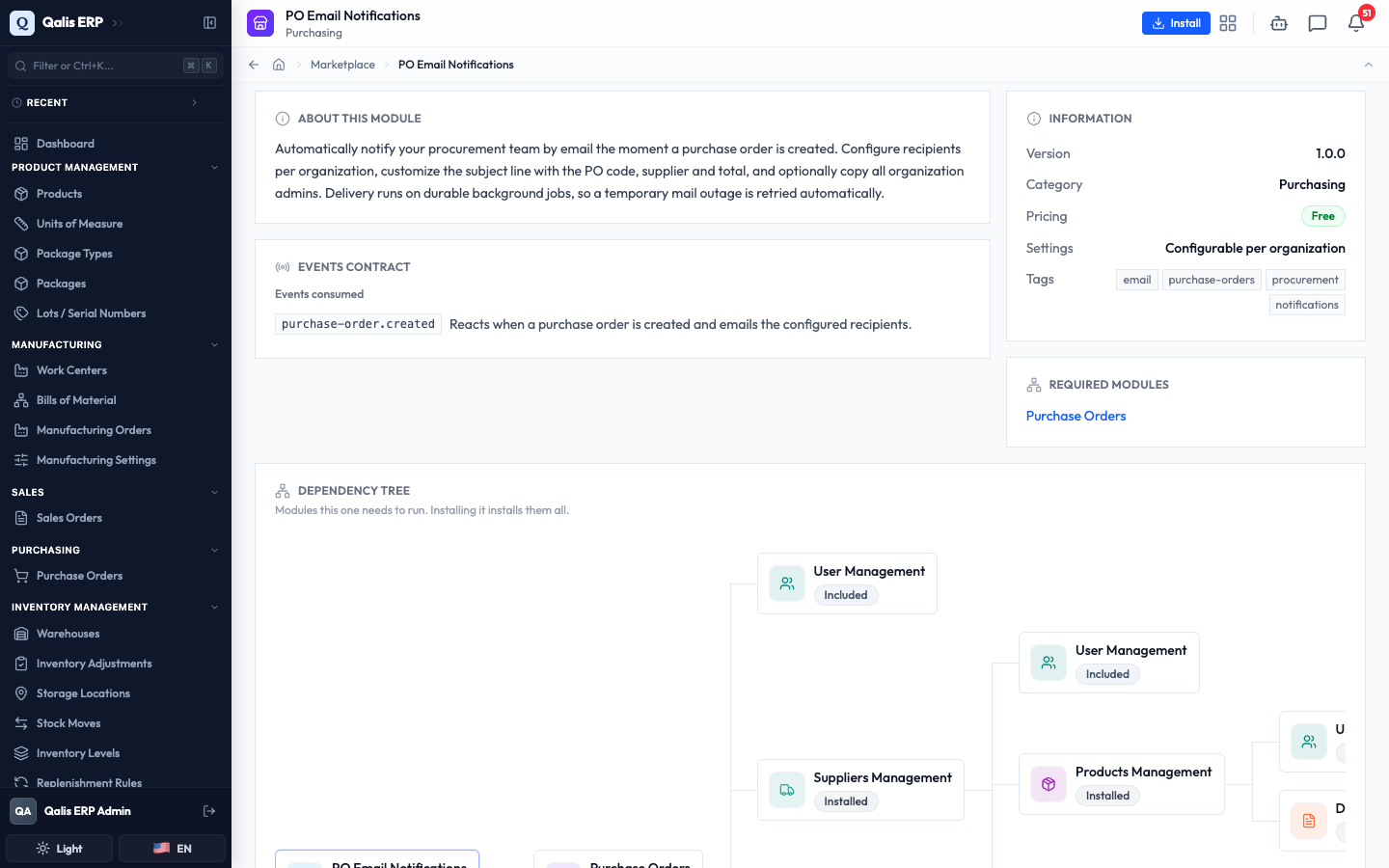 The PO Email Notifications page in the Marketplace, with the Install button in the top right