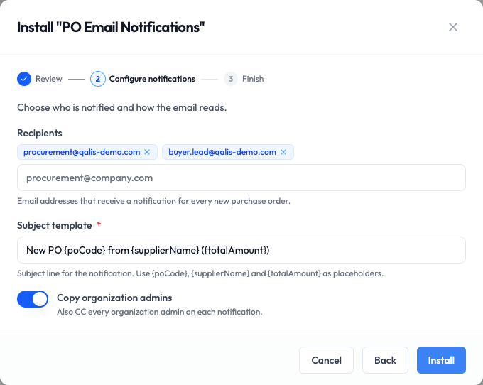 The Configure notifications step, with two recipients added, a custom subject, and Copy organization admins turned on