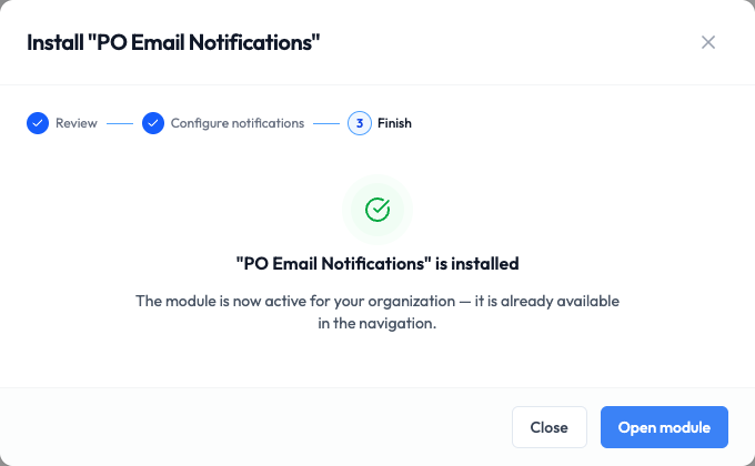 The success screen confirming PO Email Notifications is installed