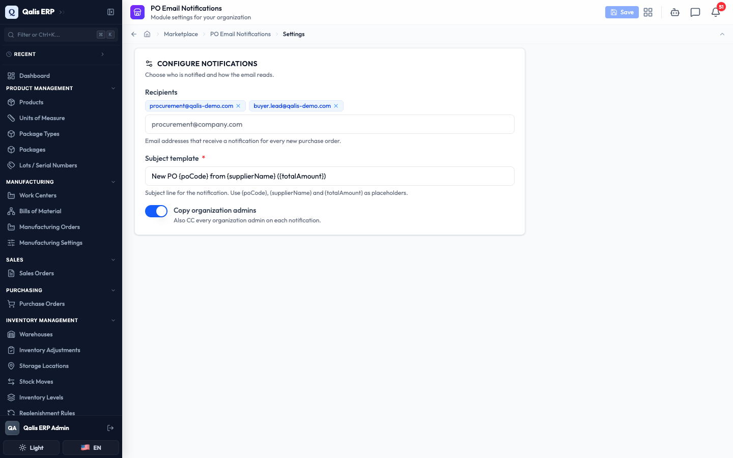 The PO Email Notifications settings page, with the current recipients, subject, and admin copy