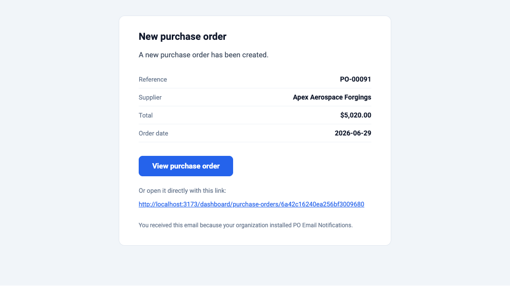 The notification email, with the order details and a View purchase order button