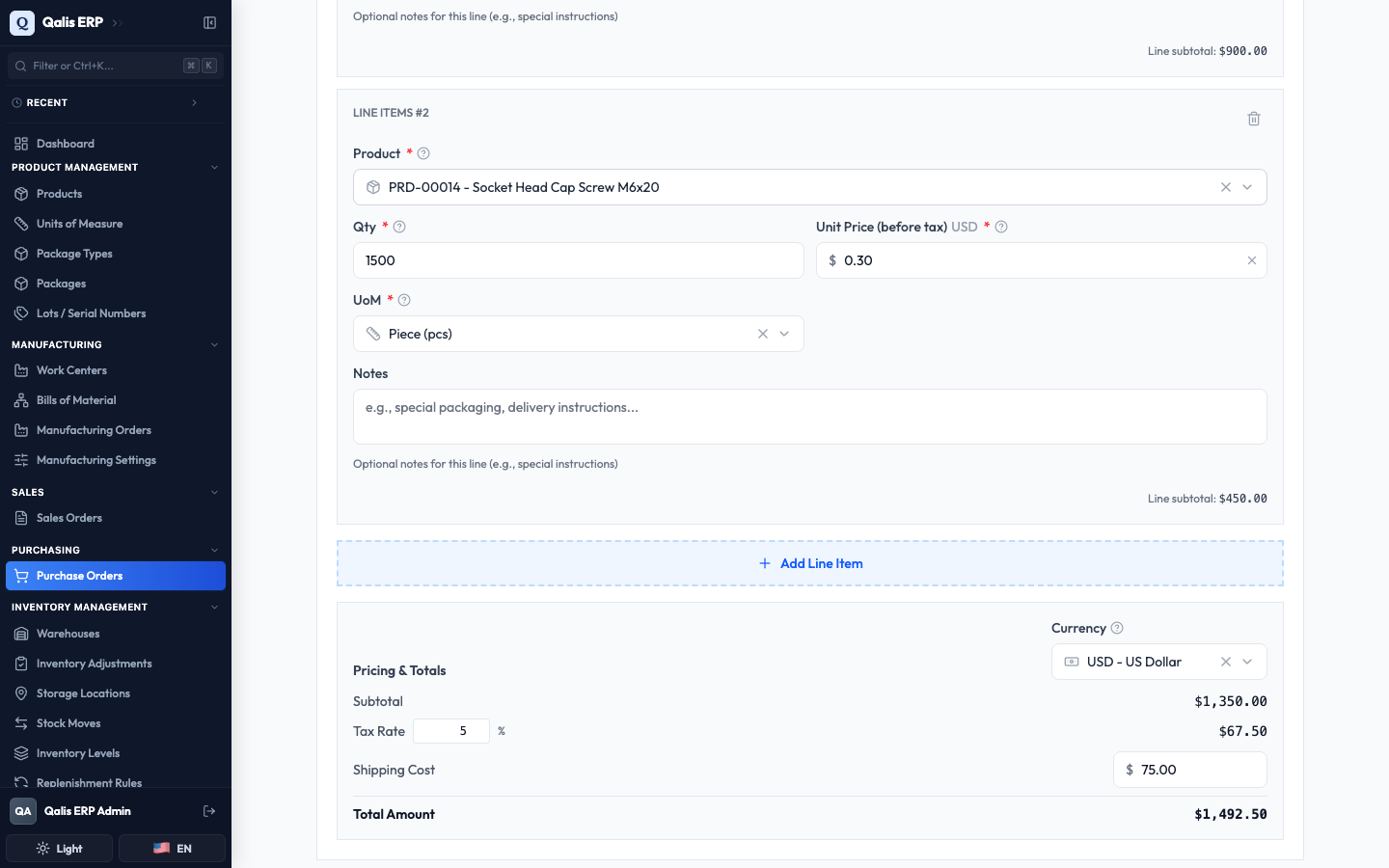 The Pricing and Totals panel showing the live subtotal, tax, shipping, and total