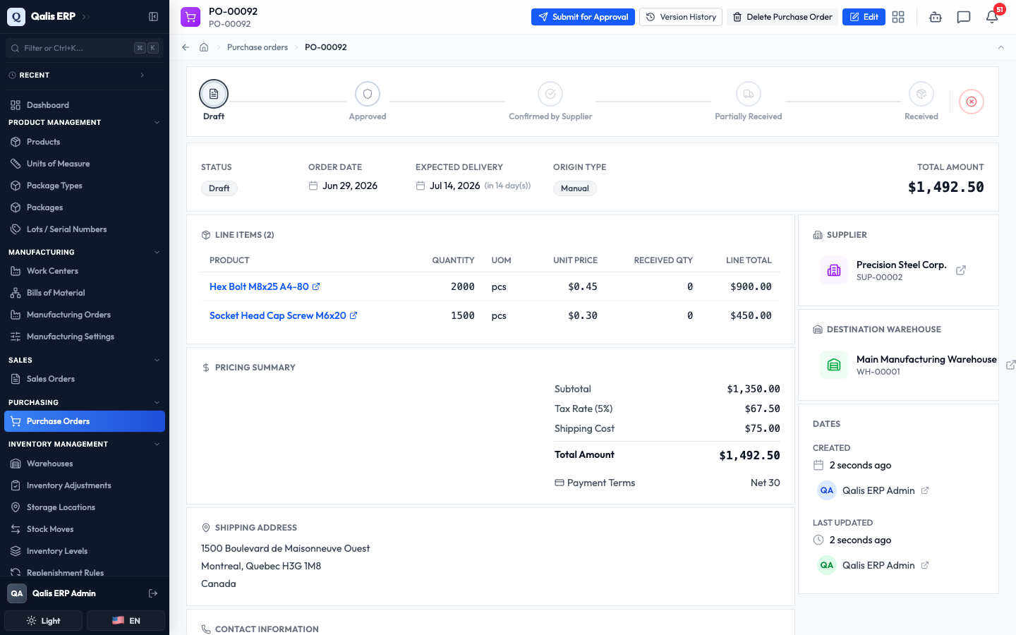 A purchase order detail page with the status timeline, line items, pricing summary, and sidebar