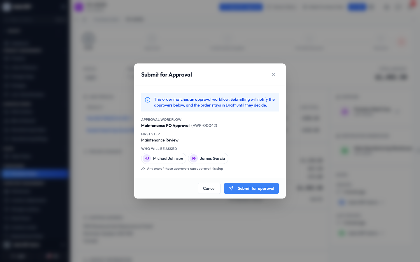 The Submit for Approval window listing the workflow and its approvers
