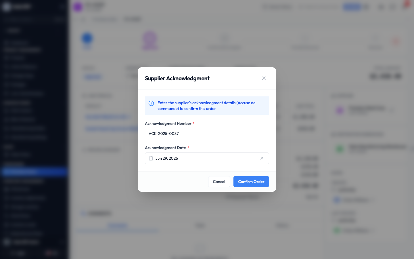 The Supplier Acknowledgment window with the number and date filled in