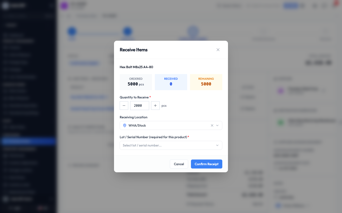 The Receive Items window with a quantity, receiving location, and lot field