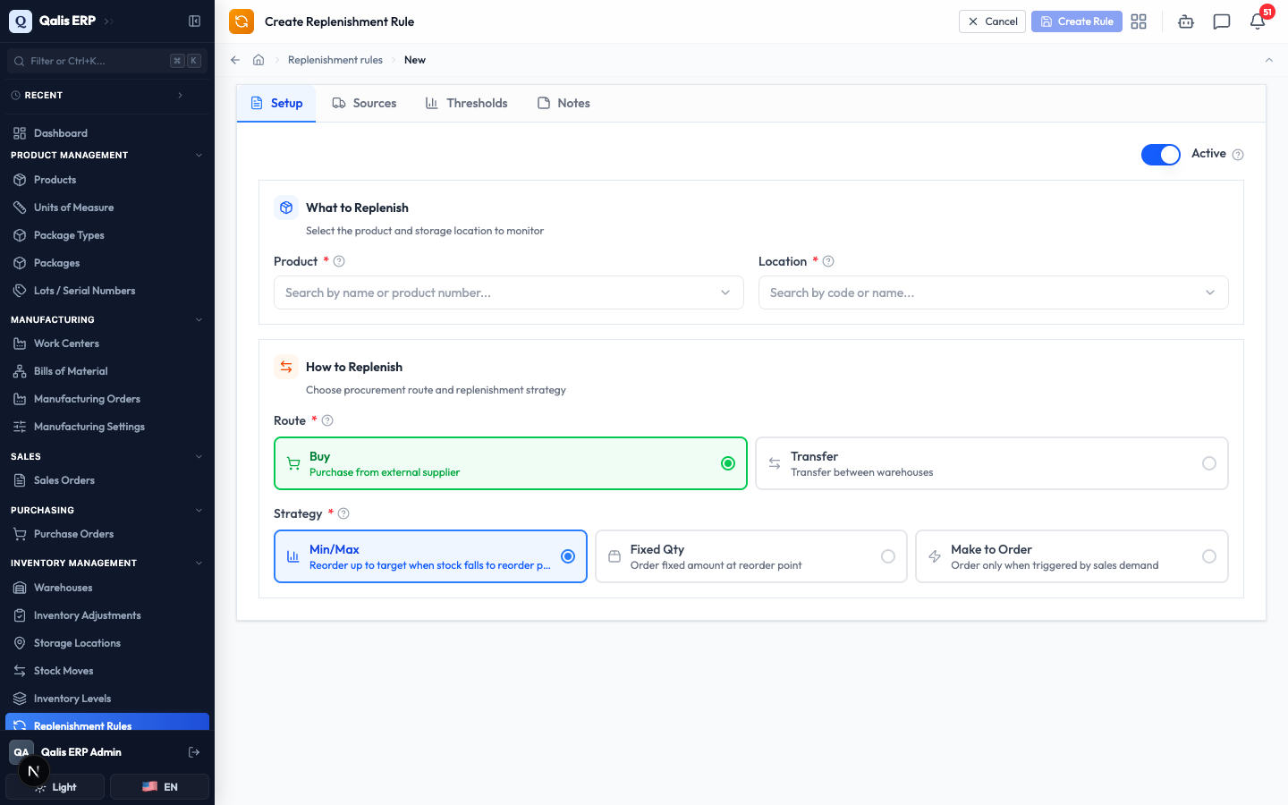 The blank Create Replenishment Rule form on the Setup tab