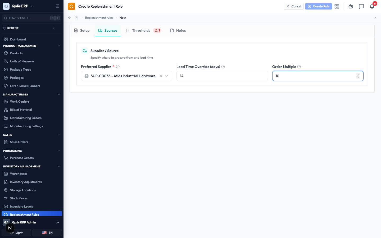 The Sources tab with a supplier, a 14 day lead time and an order multiple of 10