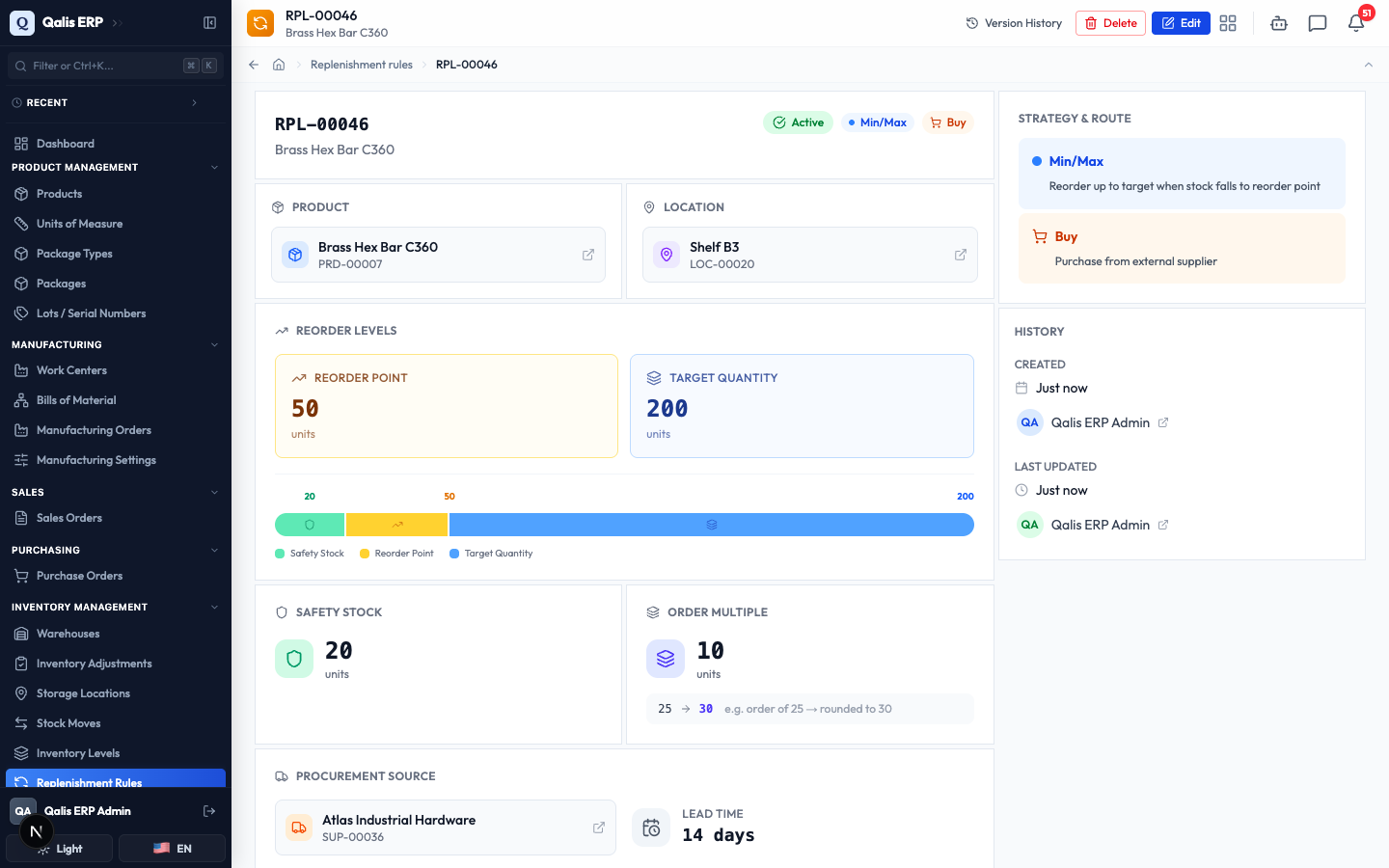 The new rule's detail page showing its code, product, location, reorder levels and procurement source