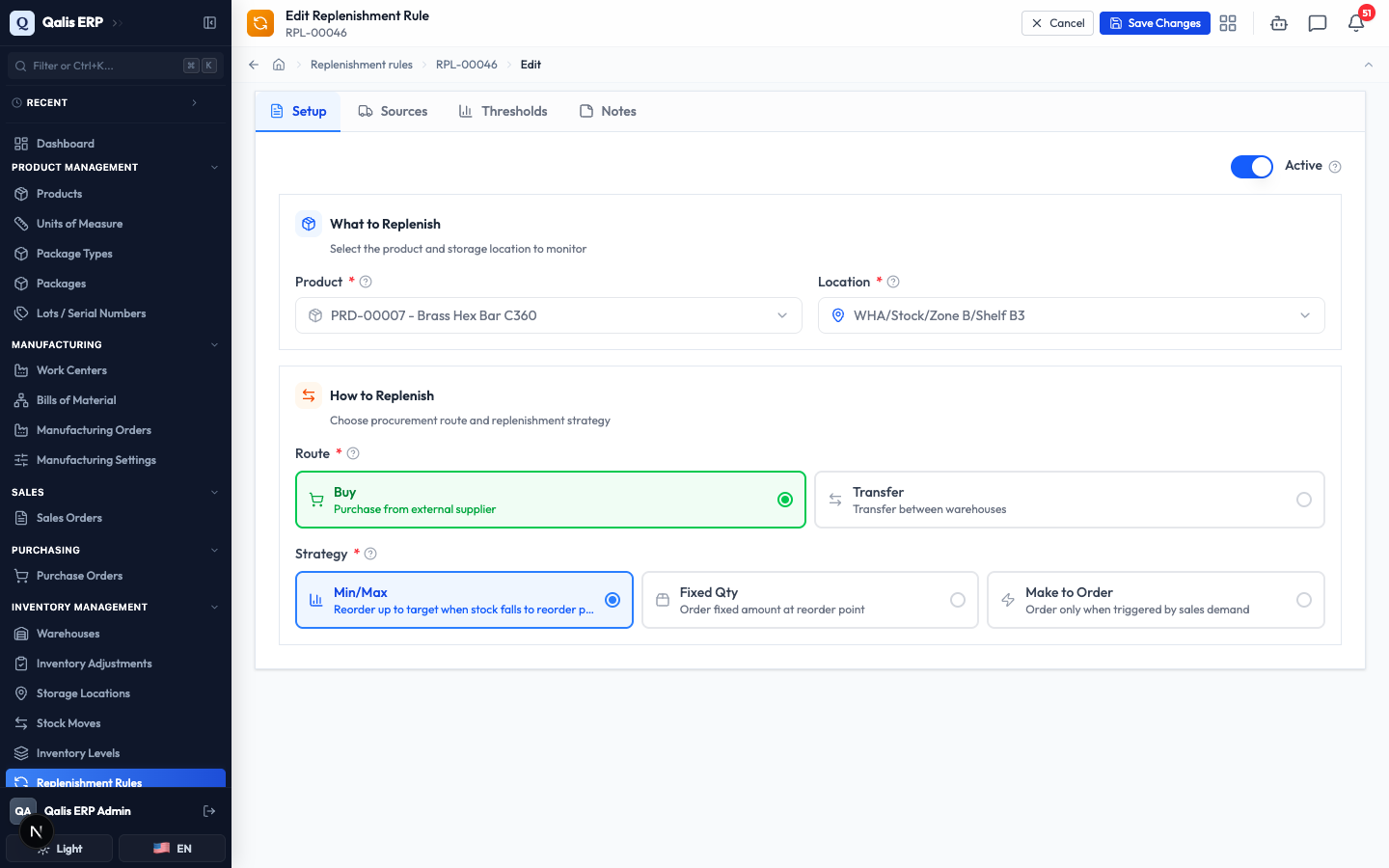 The Edit form, where the product and location can no longer be cleared or changed