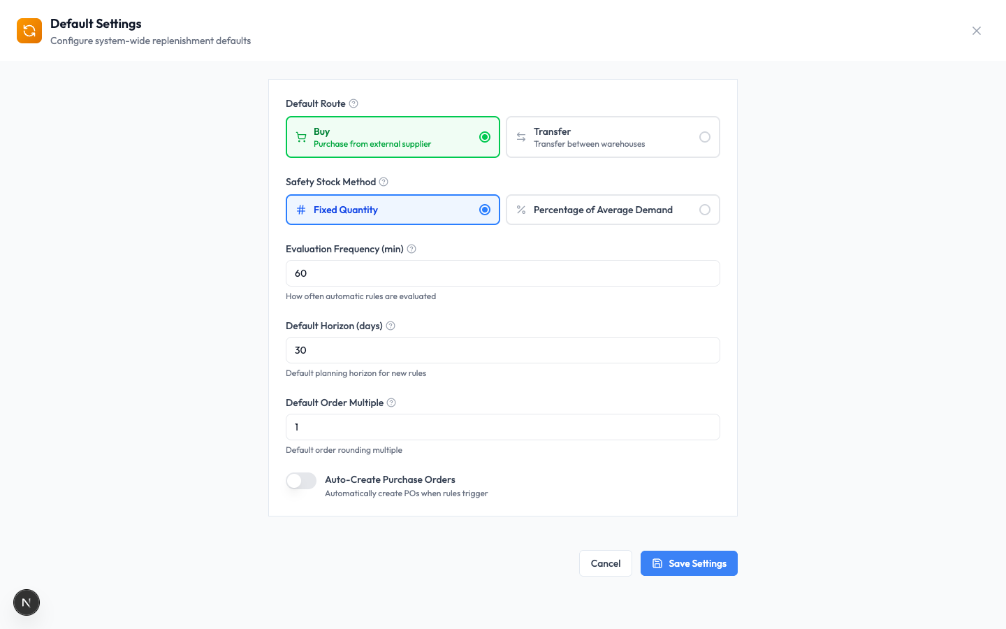 The Default Settings panel with the Auto-Create Purchase Orders switch