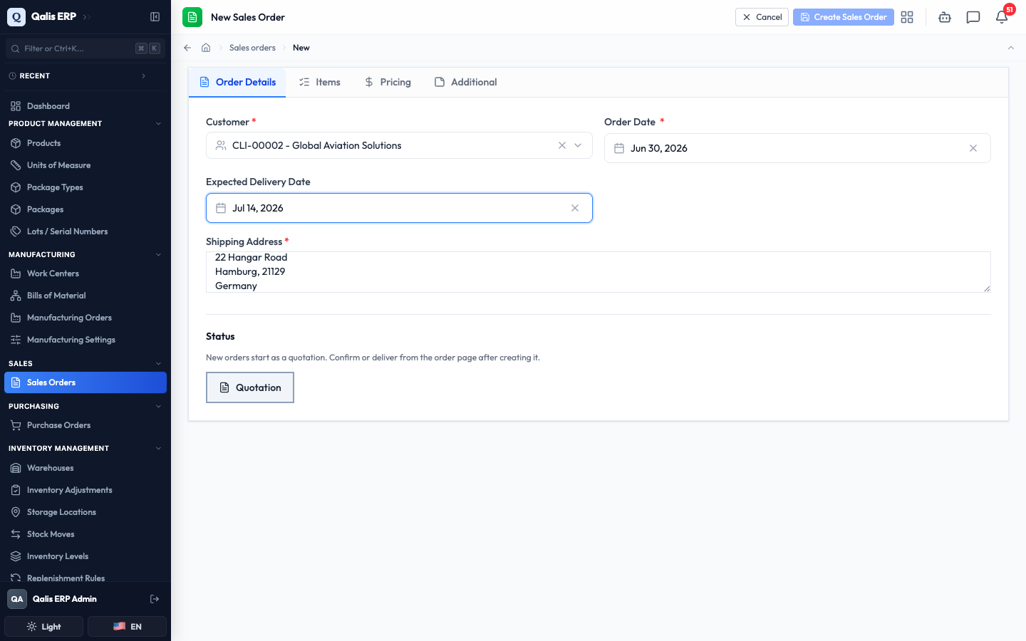 The Order Details tab with a customer selected, the dates set and a shipping address filled in
