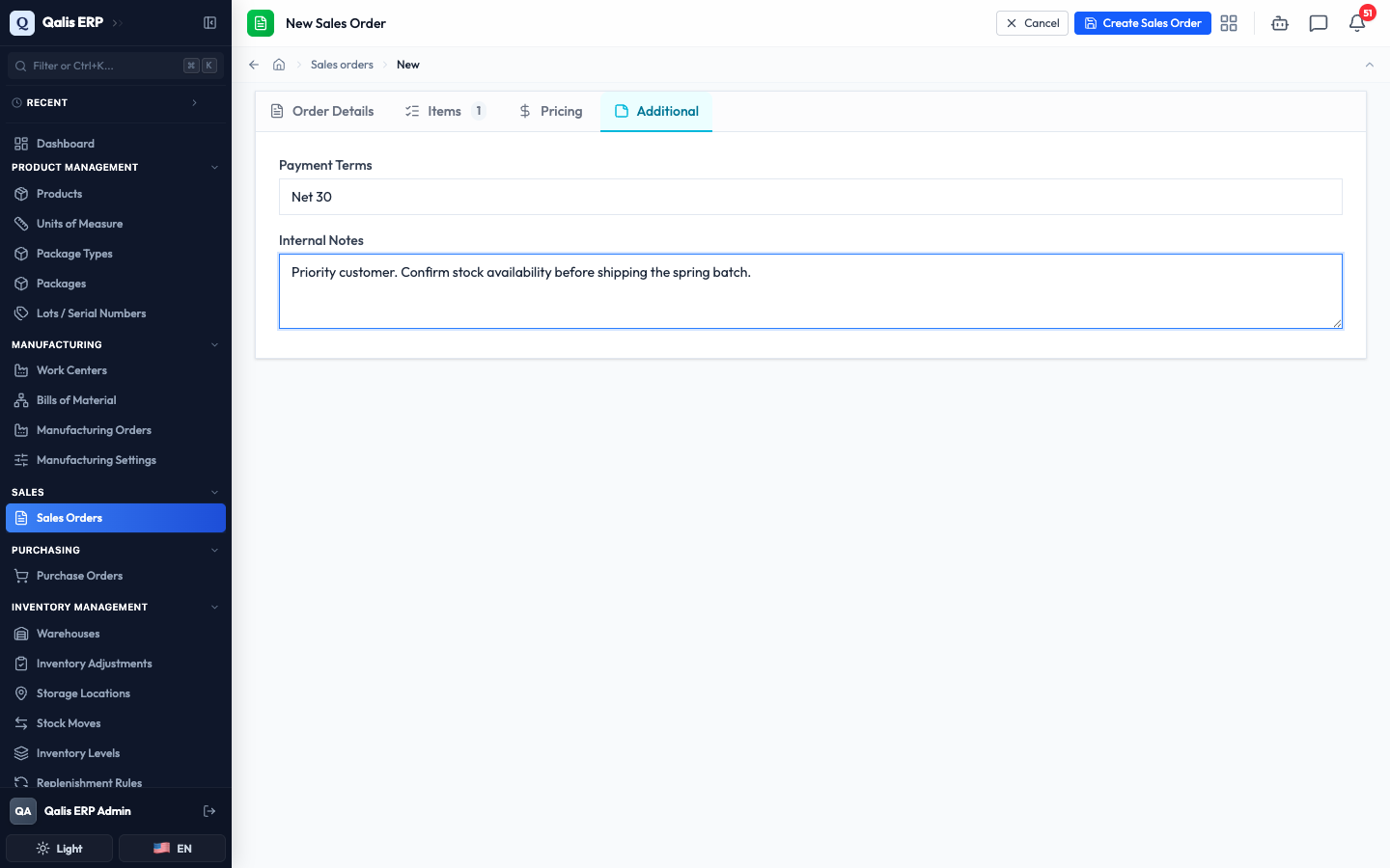 The Additional tab with payment terms set to Net 30 and an internal note