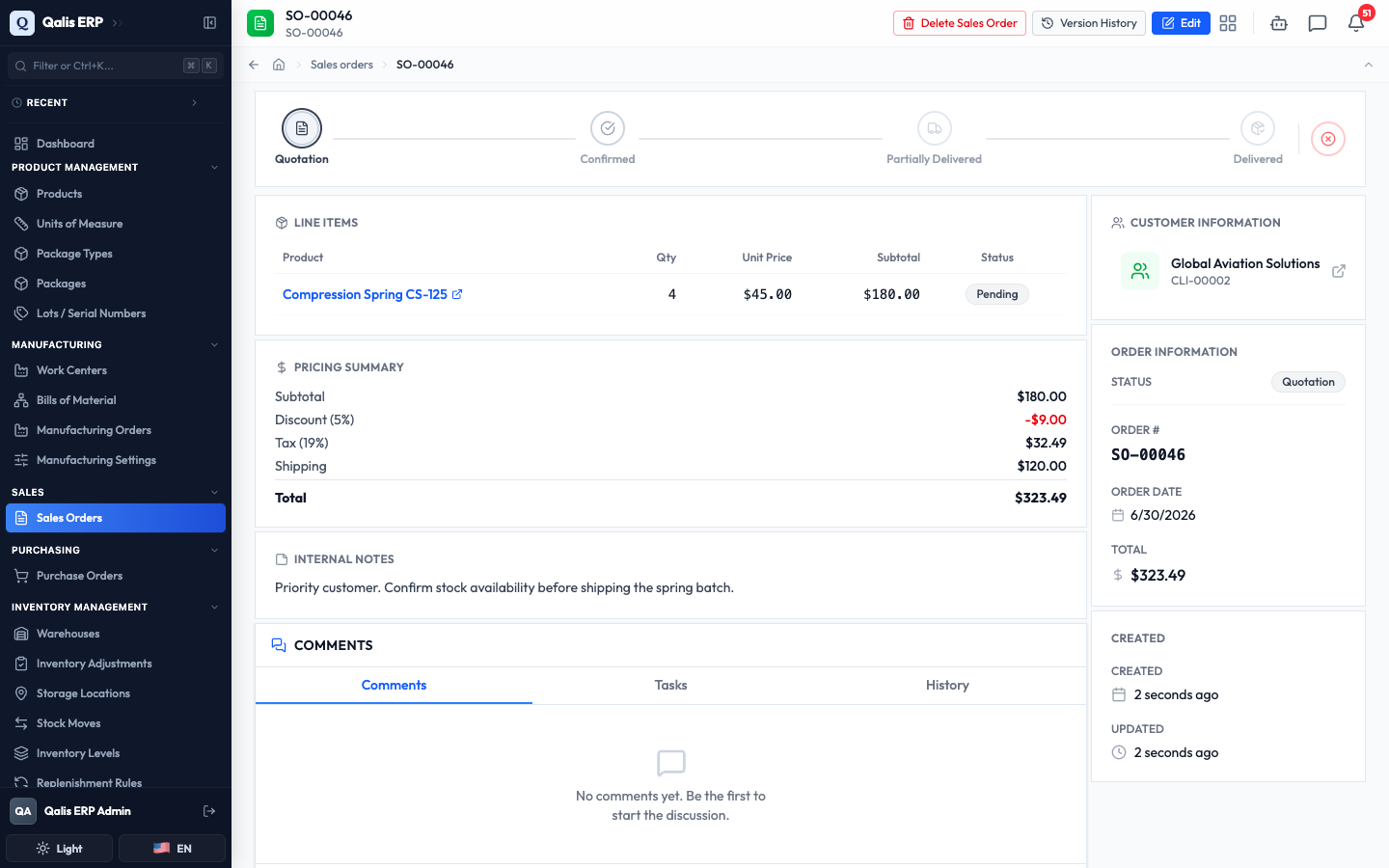 The new sales order SO-00046 saved, showing the Quotation status, its line item and pricing summary