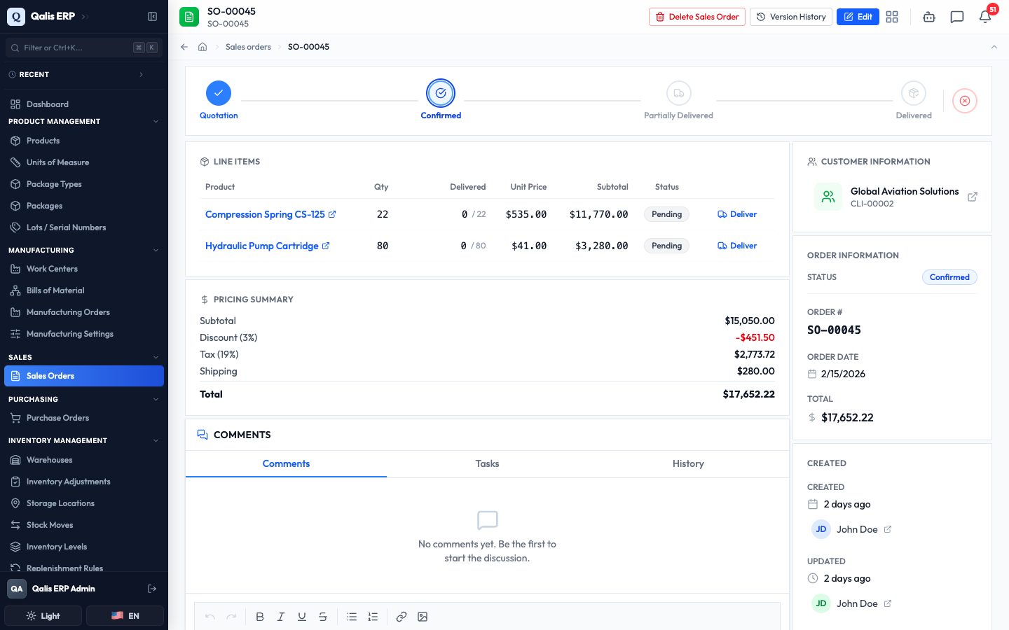A confirmed order showing the status bar on Confirmed, a Delivered column on each line, and a Deliver button per line