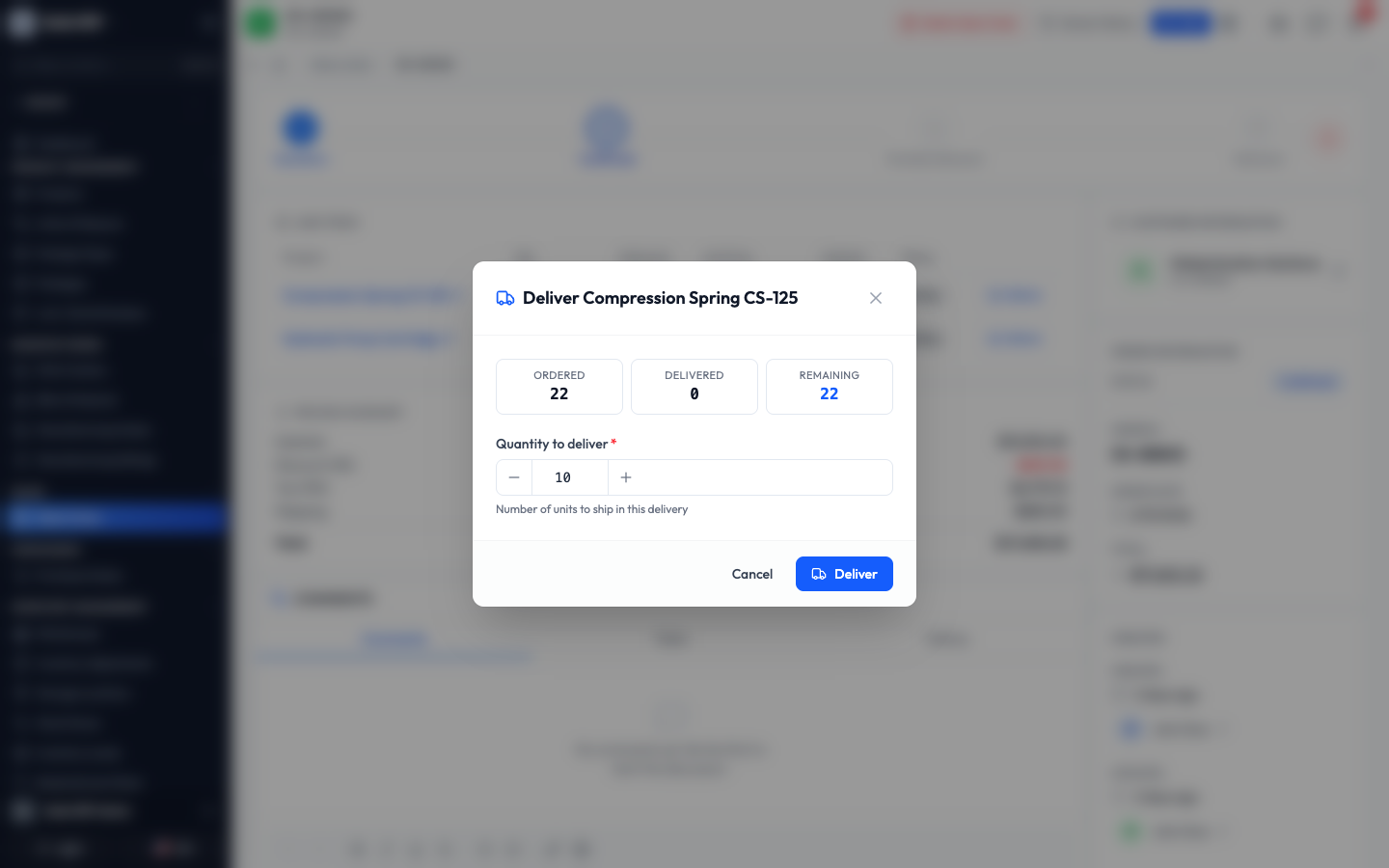 The Deliver panel for a product, showing Ordered, Delivered and Remaining counts and a quantity field set to 10