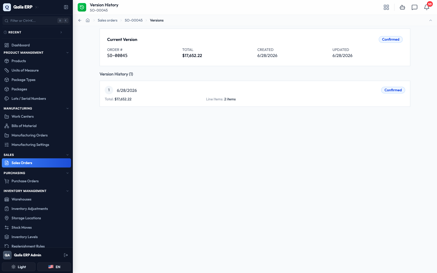 The Version History page for an order, showing the current version and the list of past versions