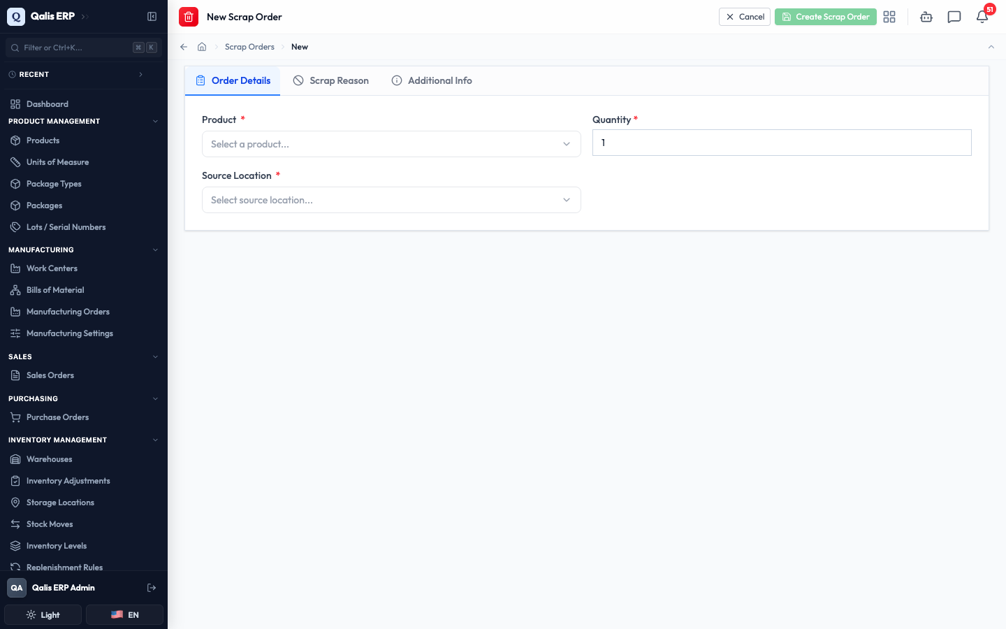 The blank New Scrap Order form on the Order Details tab